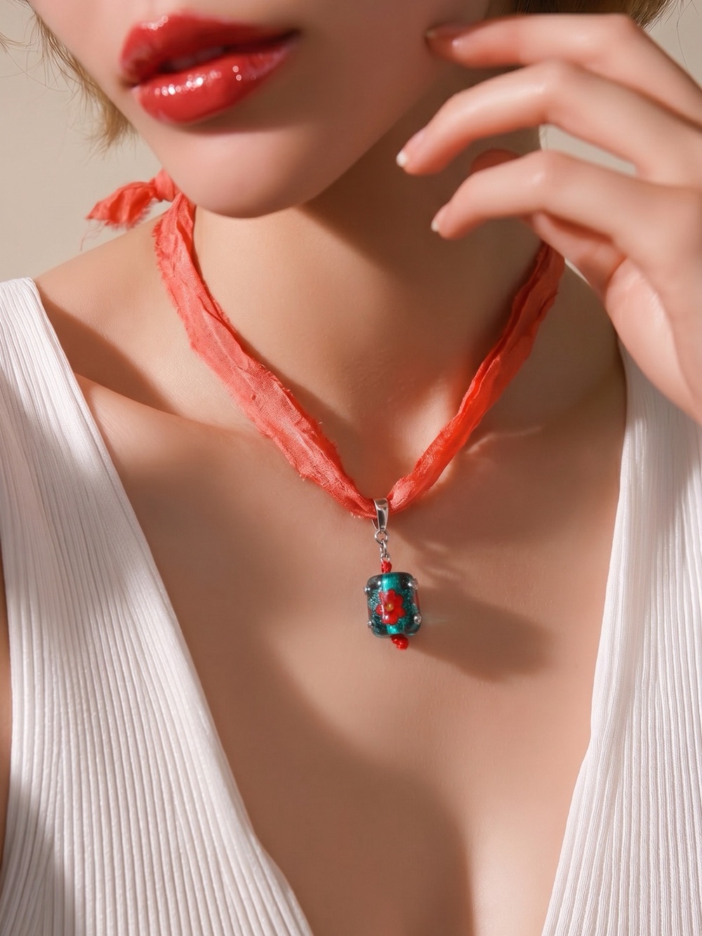 Coral Silk Ribbon Necklace with Hand Painted Glass Turquoise Floral Pendant